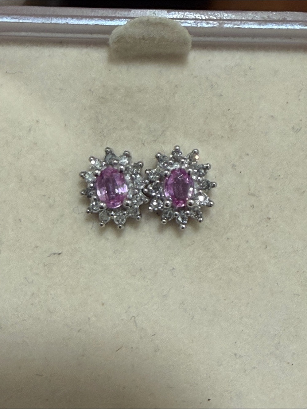 Natural Oval Pink Sapphire and Diamonds Cluster Flower Stud Earrings in 14K